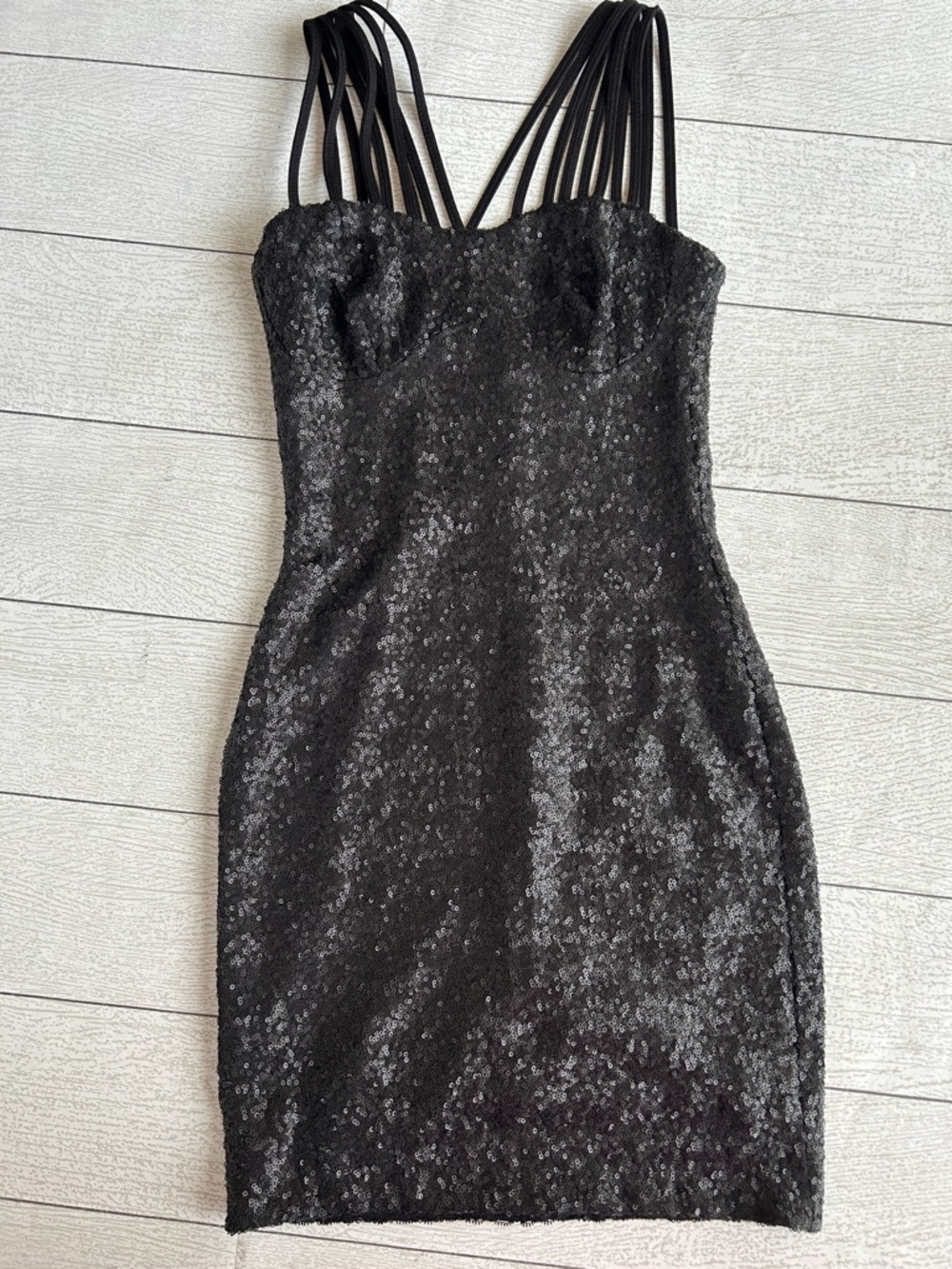 Dress the Population mini dress XS Black sequins Crossed straps LNWOT